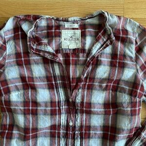 Y2k Hollister Red and White Plaid Button Up Shirt with Logo
